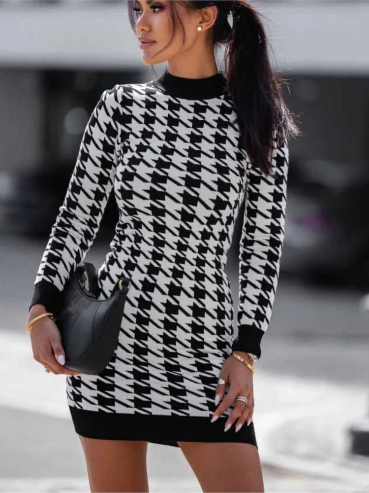 2023 Autumn Fashion Houndstooth Print Bodycon Dresses For Women Long-sleeve Elegant Bodycon Package Hips Mini Dress Female