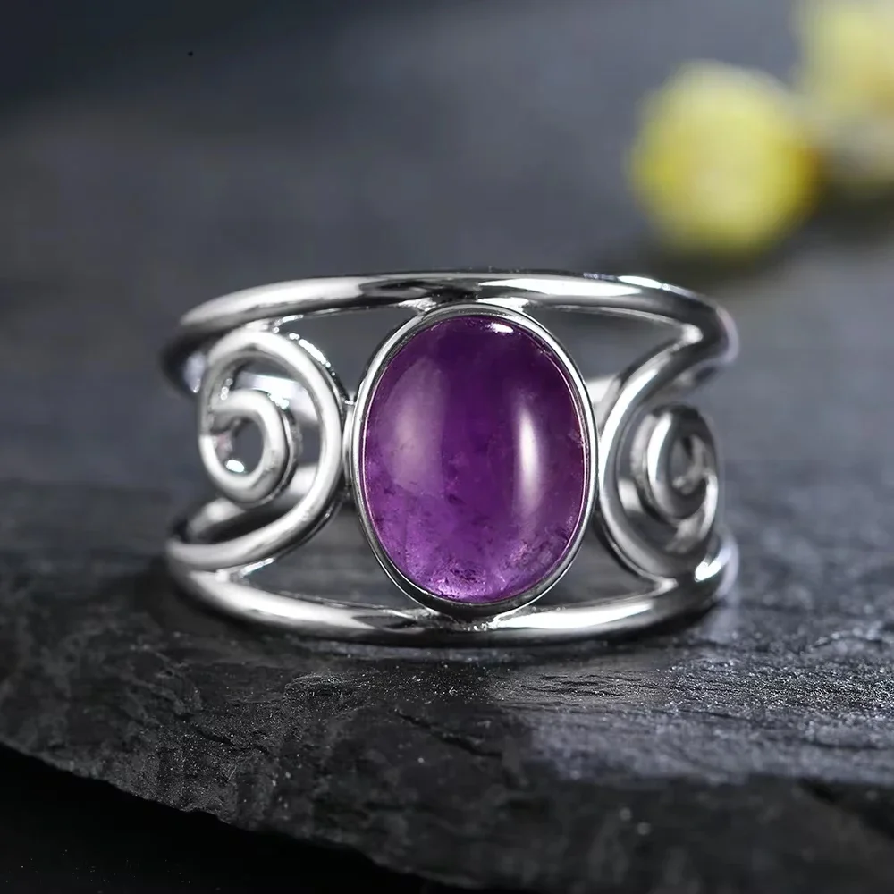 S925 Sterling Silber Natürliche Amethyst-Ringe 8*10MM Natürliche Edelsteine ​​Retro-Ring in ovaler Form Feiner Schmuck Partygeschenke für Frauen – Detail 1