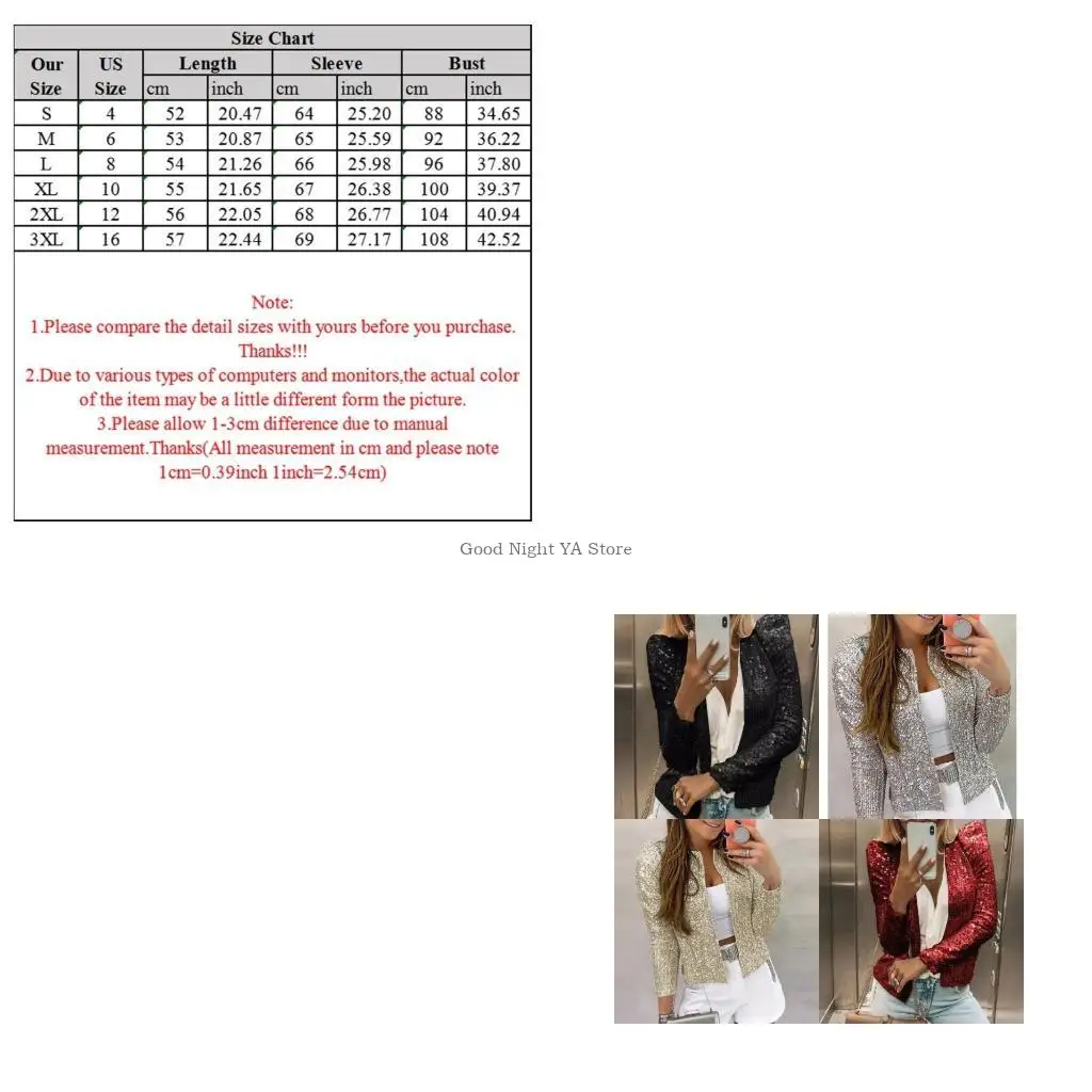 Women Long Sleeve Jackets Glitter Sequins Color Short Cardigan Coat