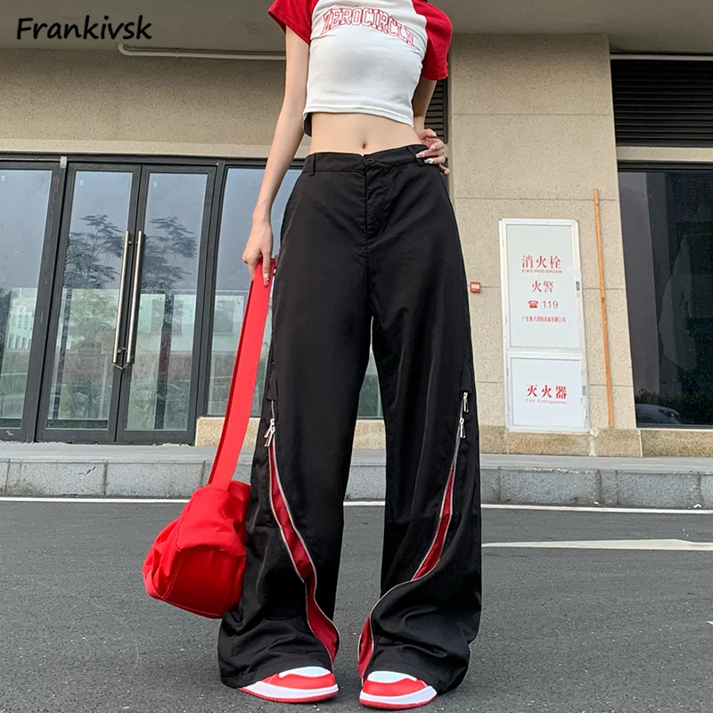 Pants Women American Retro Advanced Contrast Color Side Zipper Full Length Loose All-match Streetwear Hip Hop Autumn Trousers