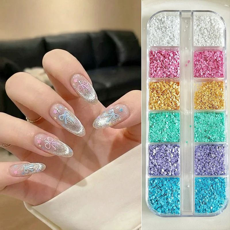 12Grids Macaron Mini Heart Star Shape Sequin Nail Glitter 1mm Ultra-thin Nail Art Flakies Paillettes DIY Manicure Decoration