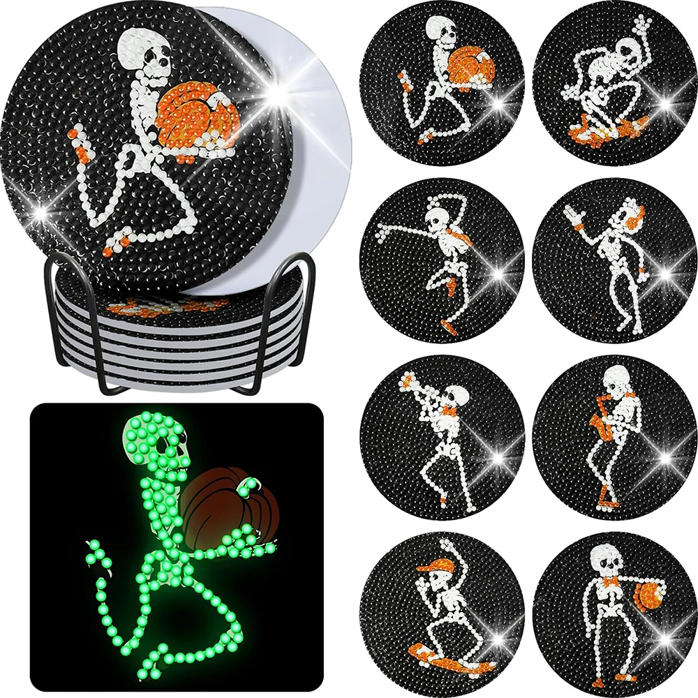 

8PCS Diamond Painting Halloween Skull Coasters Kit Glow in The Dark Skeleton Skull Body Diamond Art Coaster with Holder forGift