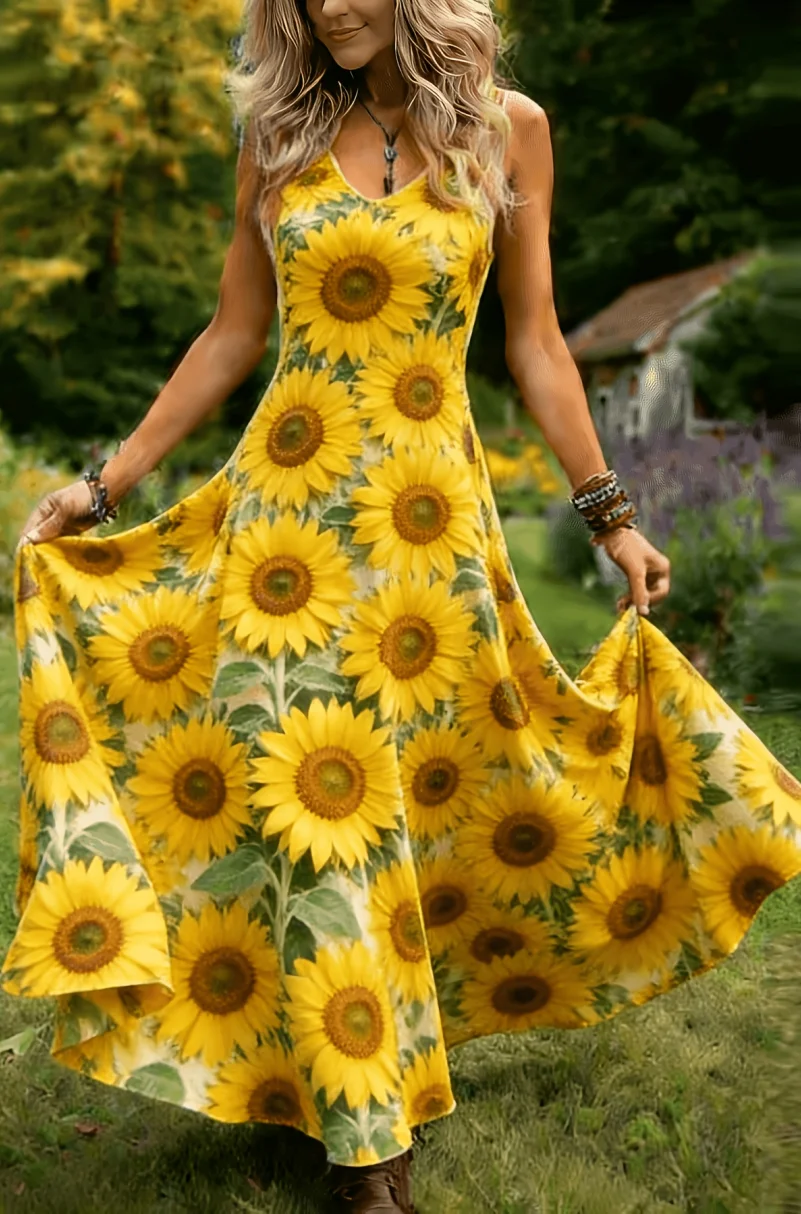 2D Flat Print Women's Vintage Elegant Sleeveless Dress, V-Neck Floral A-Line Flowy Long Dress, Machine Washable, Suitable for Casual Wear and Vacation Outfits