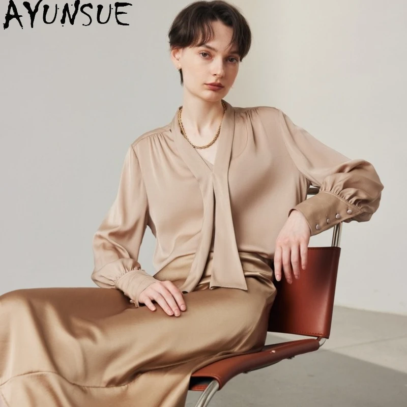 

AYUNSUE 100% Mulberry Silk Blouse for Women Long Sleeves Elegant Shirts Suitable for Women's Daily Commuting Blusas Femininas