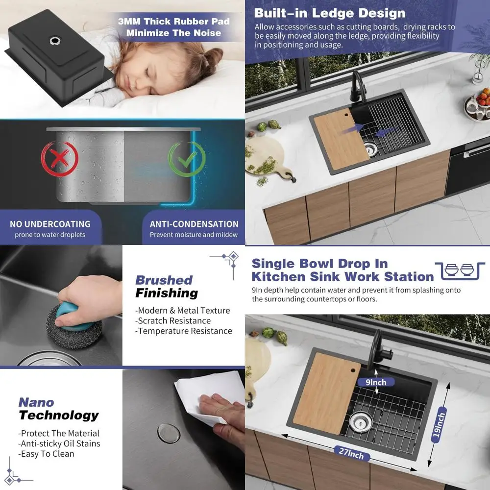 

27x19 Inch Stainless Steel Undermount Single Bowl Sink with Built-in Ledge, Workstation, Cutting Board, and Drying Rack