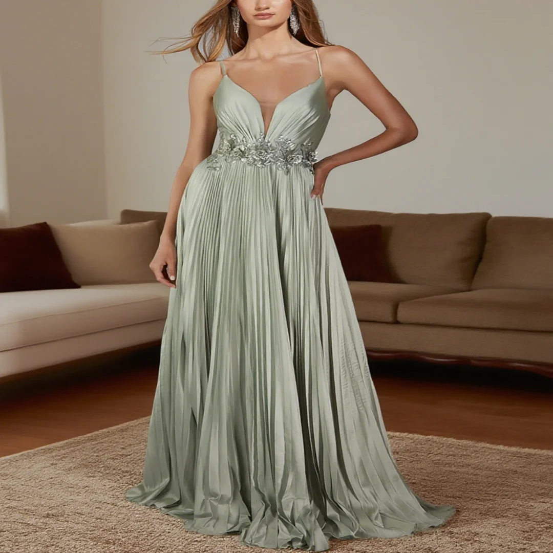 

Индивидуальное многослойное женское вечернее платье А-силуэта длиной до пола без рукавов с V-образным вырезом и блестками