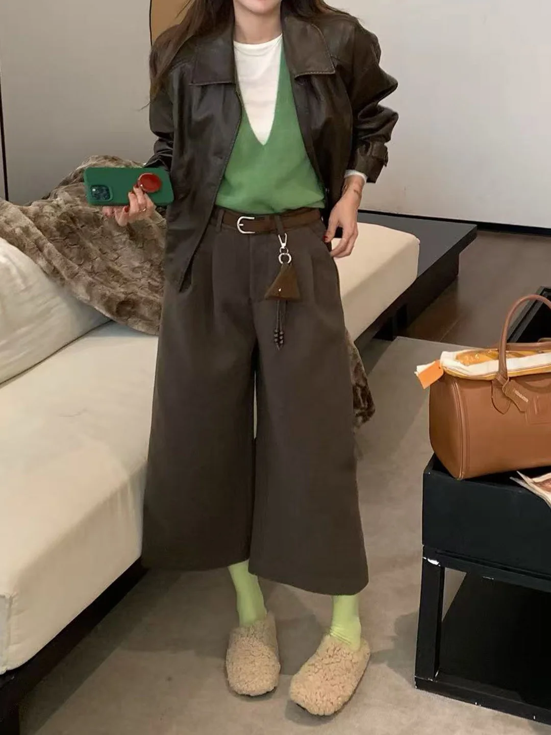 하이웨이스트 루즈핏 두꺼운 브라운 울 와이드 레그 팬츠 여성 가을 겨울 신상 스트레이트 컷 슬리밍 7부 바지