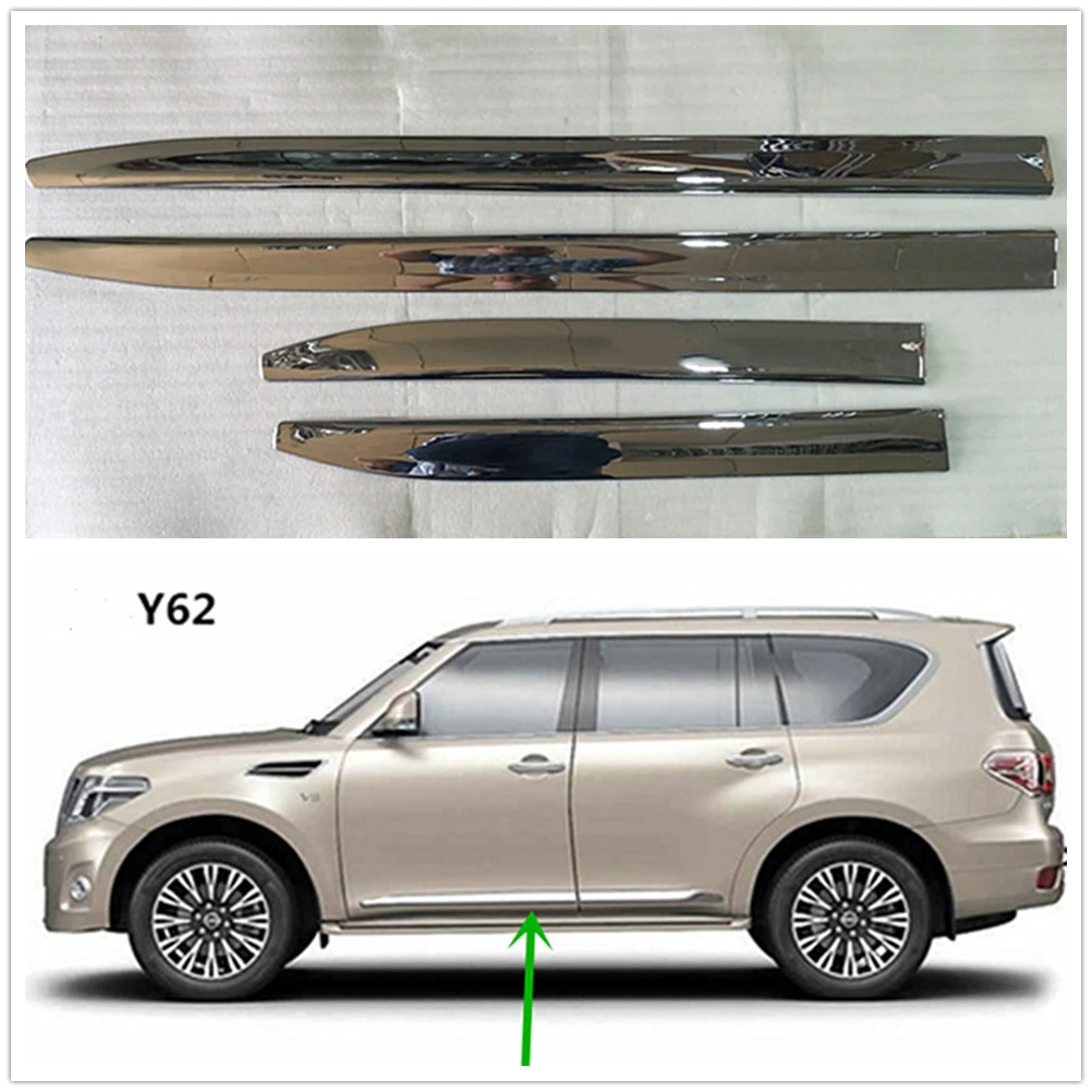 

4PCS Car Chrome Door Side Molding Cover Exterior Skirt Stirp Seal Trim Anti-collision Shade For Nissan Patrol Y62 2010-2017