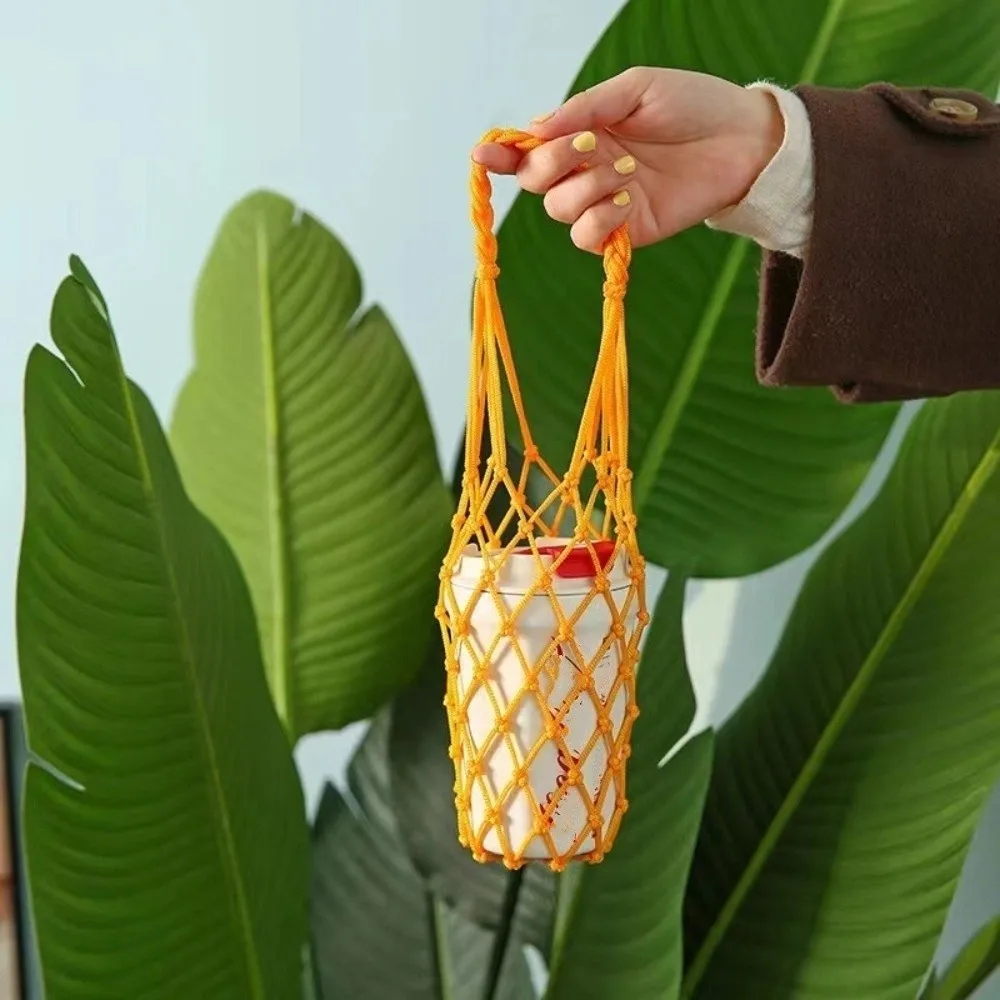 Portable Hand Woven Mesh Bag Hollow Out Reusable Water Cup Bag Handheld Kettle Bag