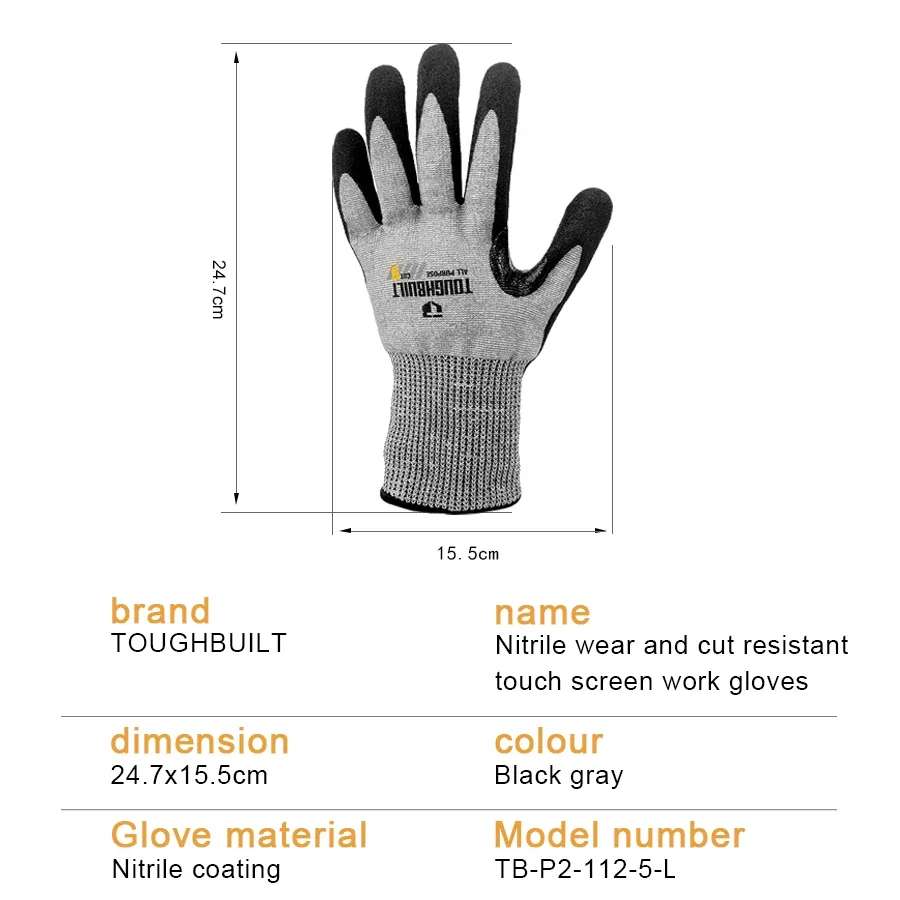 ToughBuilt All-Purpose Nitrile Dipped Gloves Super Abrasion Resistant Cut Resistant Touch Screen Work Gloves TB-P2-112-5-L