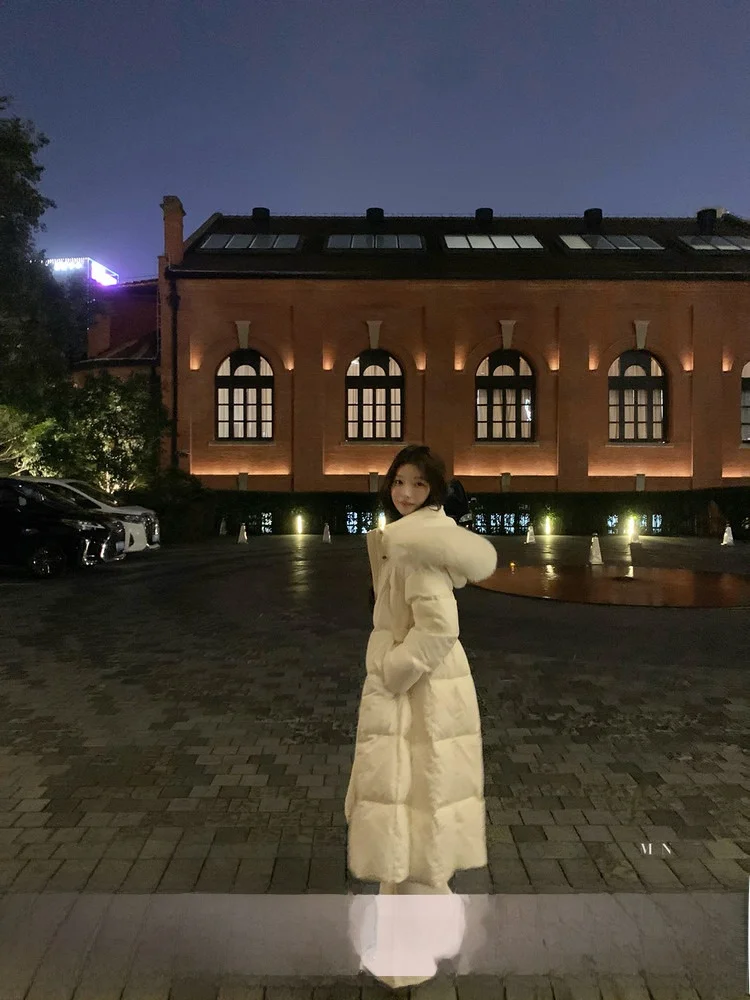 

YOLI White Fur Collar down Jaet Women's Winter Warm Hooded Thi Outerwear Casual Sle Regular Sve Long Coat