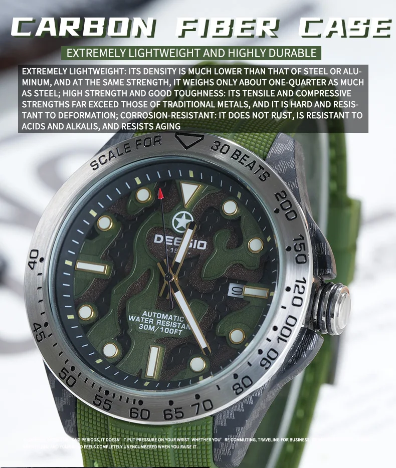 Dessio Men's Automatic Mechanical Watch | Upgrade Carbon Fiber Case Sturdy & Durable About 80g | 30M Waterproof | Luminous Dial | Date & Day Display | Trendy & Elegant Design for Business/Casual/Outdoor | Silicone Green Watch Strap | Lightweight & Sport |