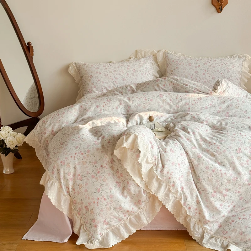 

100%Cotton Double Layer Crinkle Yarn Vintage Floral Lace Ruffles Bedding Set Duvet Cover Bed Sheet/Fitted Sheet Pillowcases 4Pcs