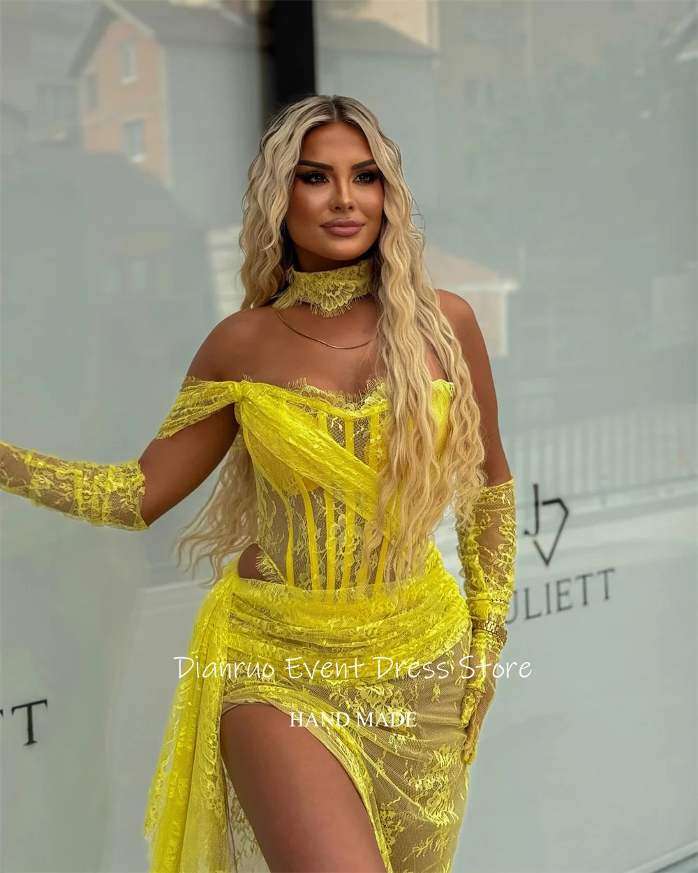 Dianruo Яркие желтые вечерние платья с высоким разрезом Асимметричные аппликации Vestidos De Fiesta Гламурные кружевные платья для выпускного вечера по индивидуальному заказу