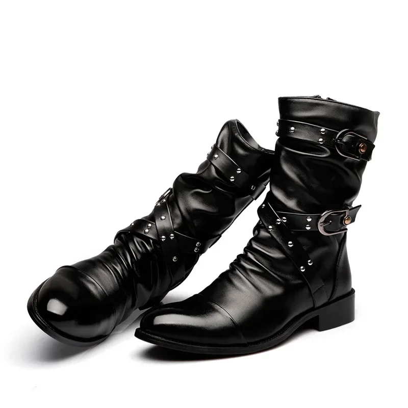 Bottes de moto mi-mollet pointues en cuir pour hommes, bottes d'hiver pour hommes, chaussures haut de gamme