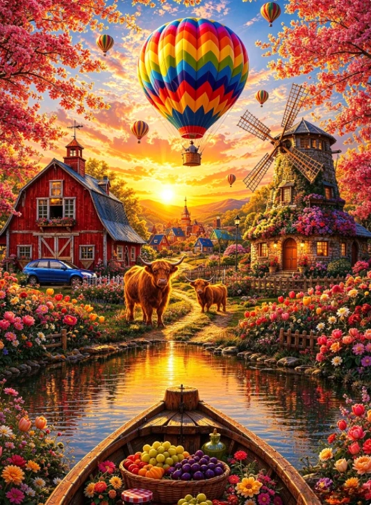 Jigsaw Puzzle 500/1000/1200/2000PCS Countryside Farm Art Red Barn Windmill Highland Cattle Sunset Reflection On Calm River Puzzl
