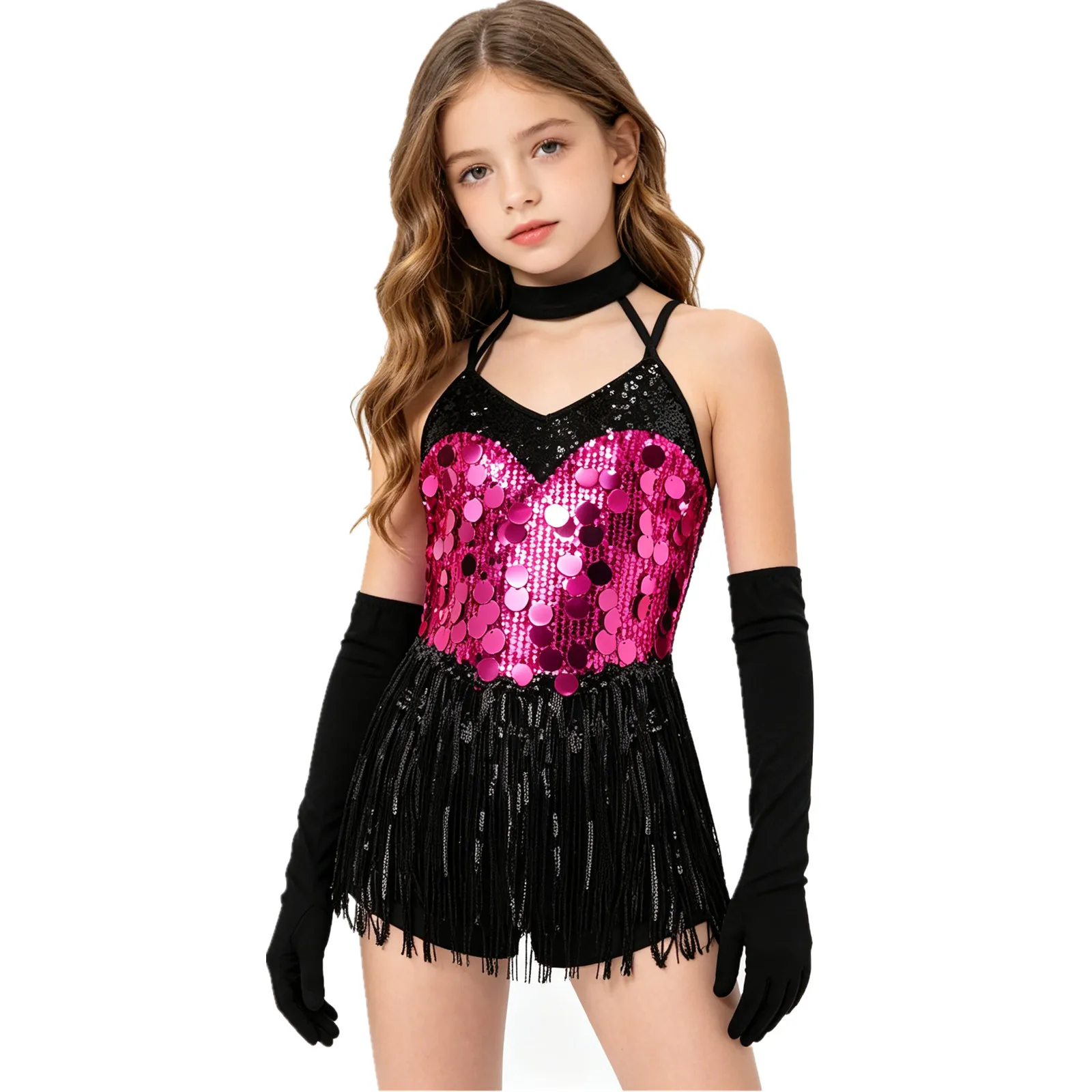 Kids Girls Latin Jazz Dance Bodysuit Cha-cha Samba Rumba Tango Ballroom Costume Shiny Sequins Tassels Leotard Dress with Gloves