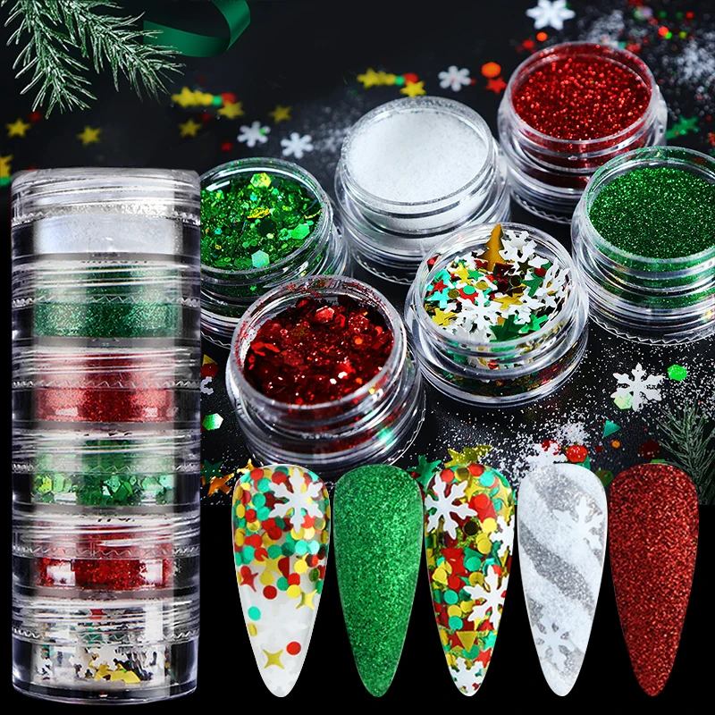 6Boxes Wool Nail Powder Set Mixed Christmas Red Green Sequins Manicure Nail Art Decoration Shiny Maple Flakies Nail DIY Material