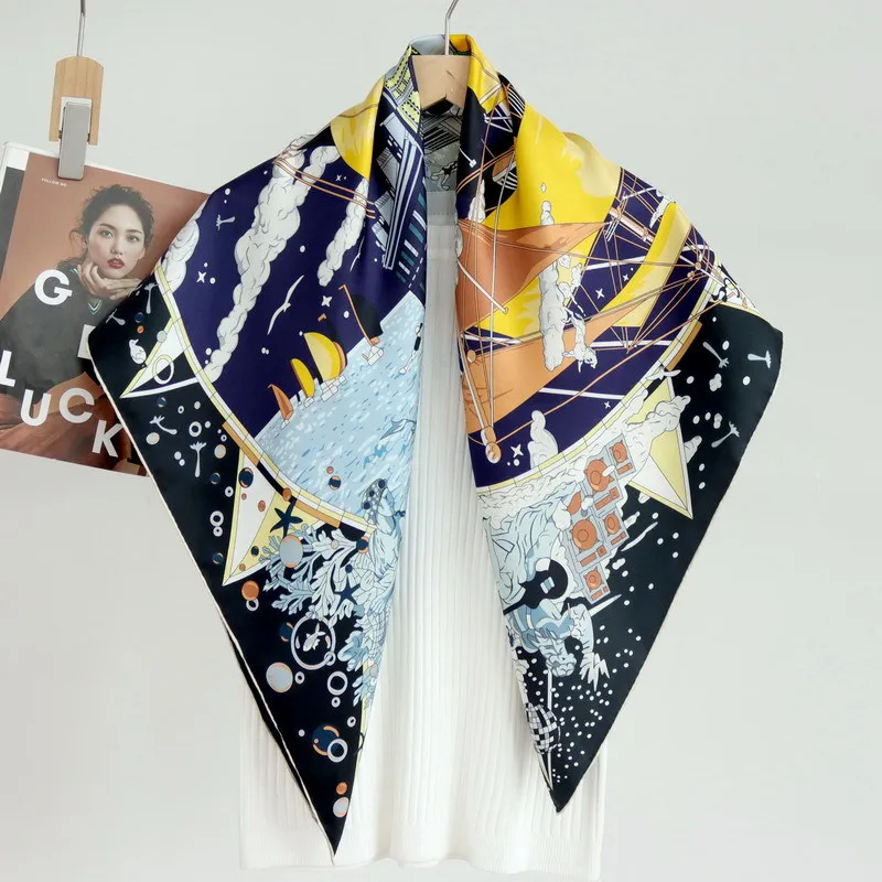 New Silk Twill Scarf 90CM Women Hand Rolled Bandana Luxury Designer Shawl Head Hair Decotation Spring Summer Accessories