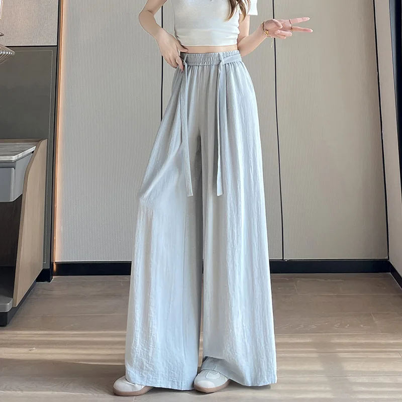 Cotton Linen Wide-Leg Pants 2026 Women Summer Casual Solid Holiday Pants Feet Cool Breathable Ice Silk Drape Mop Straight Pants