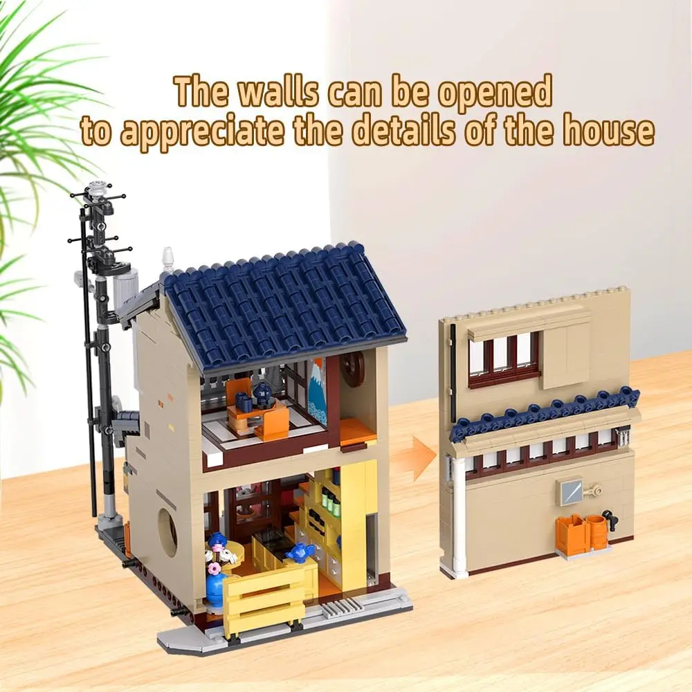 Party Favors  Japanese Tea House Mini Building Set with LED - Japanese Street View Simulation Architecture Construction ,Mini Brick 1219pcs，Incompatible with LEGO view 4