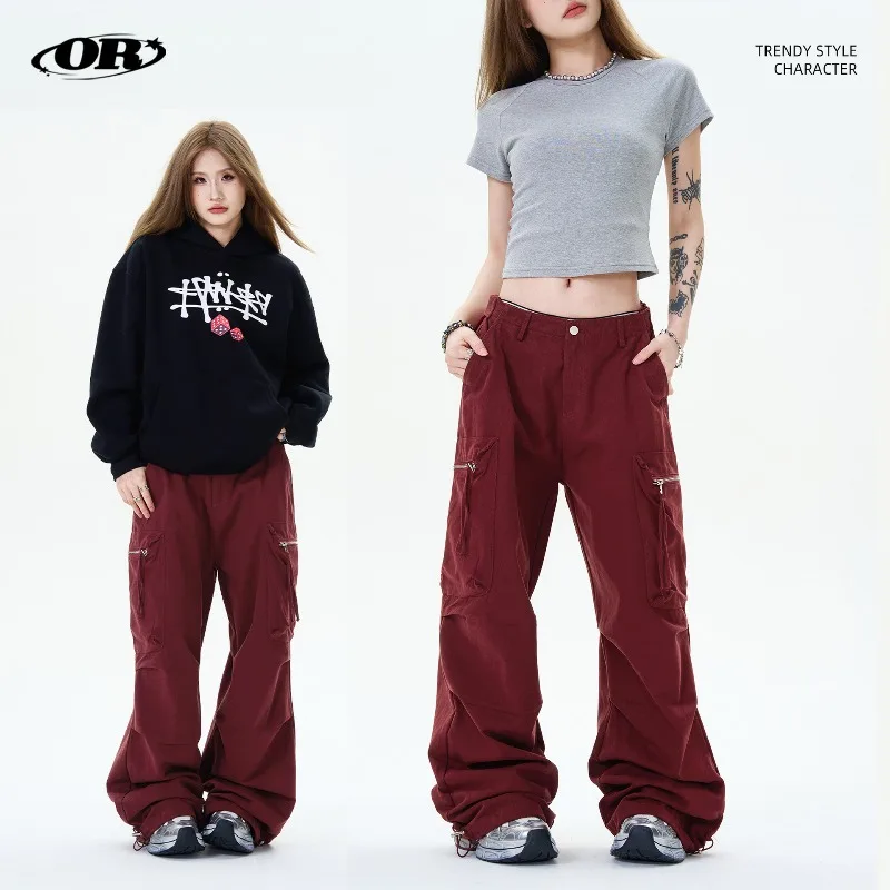 

OR FL American Retro Pleat Parachute 100 Cotton Women Cargo Trousers Staraight Drooping Sensation Slacks Wide Leg Pants Women's