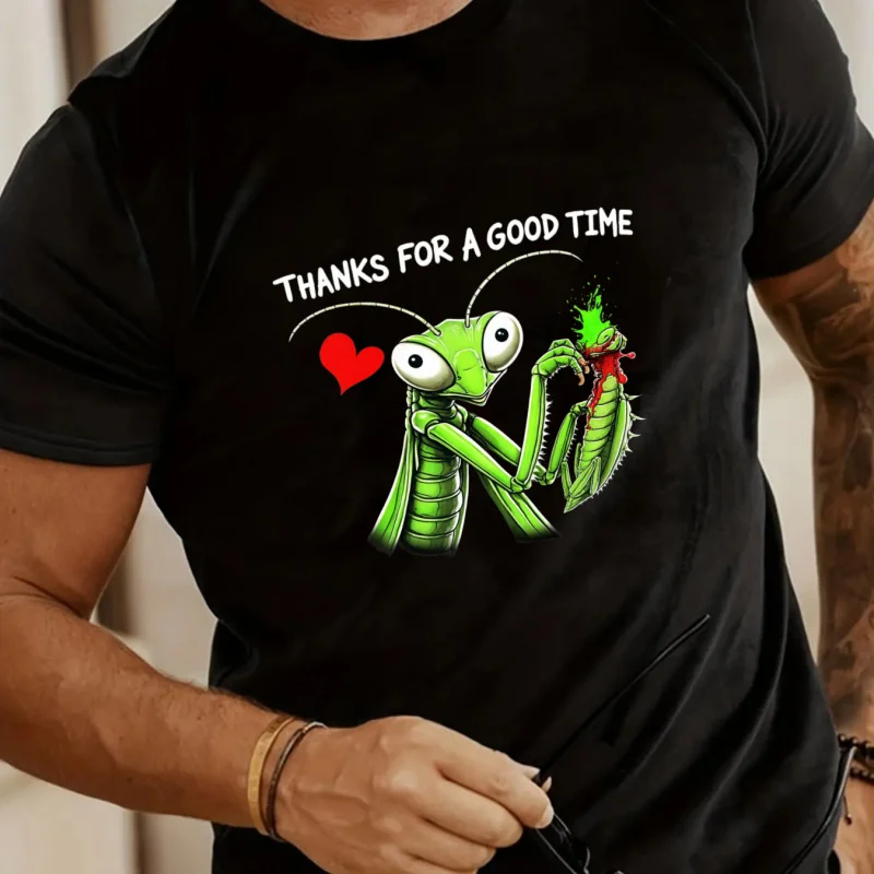 

Мужская черная футболка «Спасибо за хорошее время», молять богомол, мультяшный принт, хлопок высокого качества, 180 г