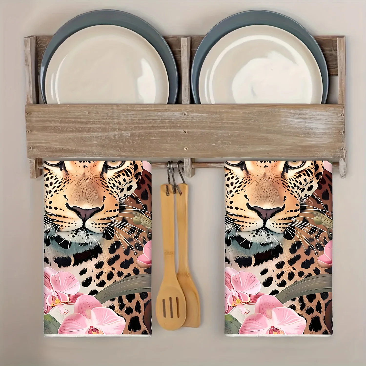 Two-piece set featuring vibrant leopard print and tropical floral patterns, suitable for kitchen and bathroom towel decoration