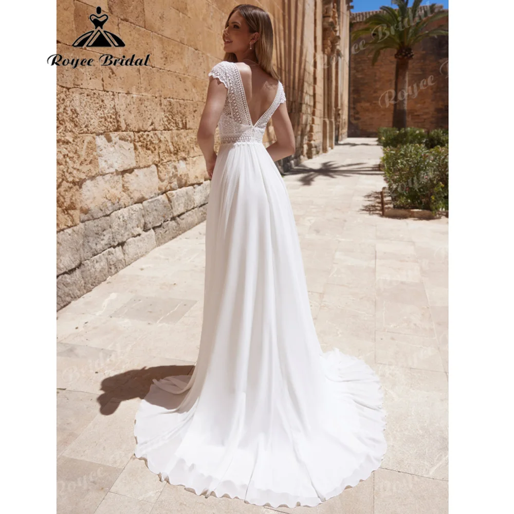 Cap Sleeve Geometric Crochet Lace Chiffon Wedding Dress Deep V A Line High Slit Low V Back Garden Boho Bridal Gown Customized