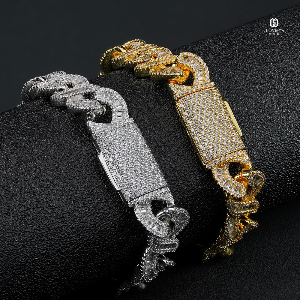 

12mm Cuban Cubic Zircon Mens Bracelet Gold Plated Moissanite Brass Copper Cuban Link and Bangles for Parties
