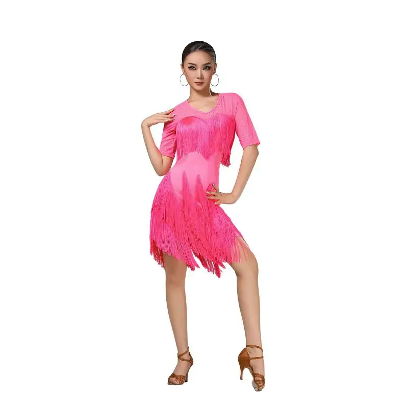 Women Half Sleeve Latin Dance Dress Female Tassel Fringe Competition Stage Performance Costumes Sheer Mesh Top Clothes