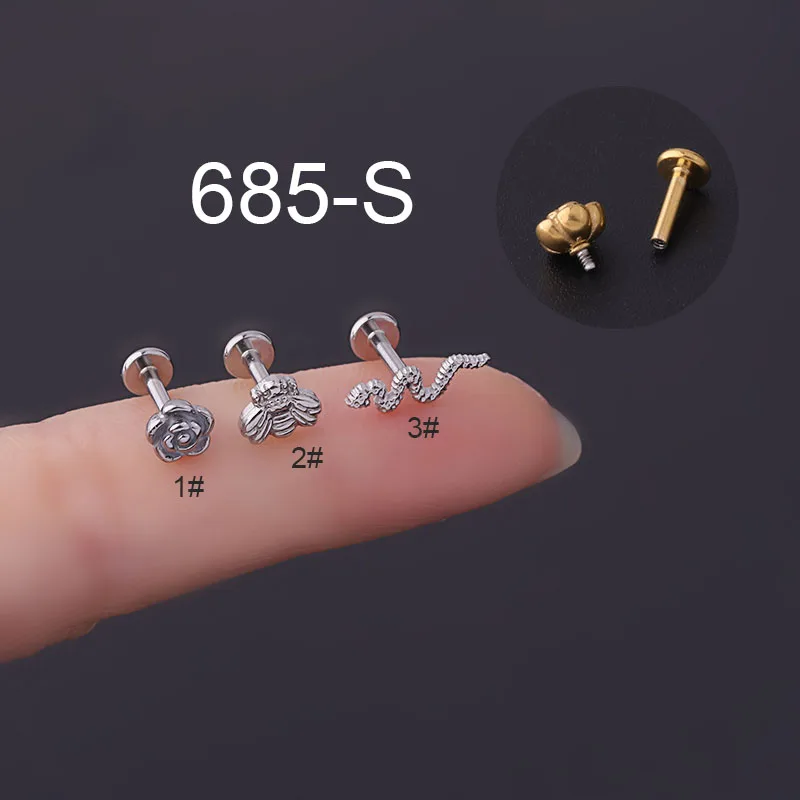 16Gx6mm Stainless Steel Flower Snake Stud Earrings Internal Thread Labret Lip Stud Flat Back Cartilage Earrings Piercing Jewelry