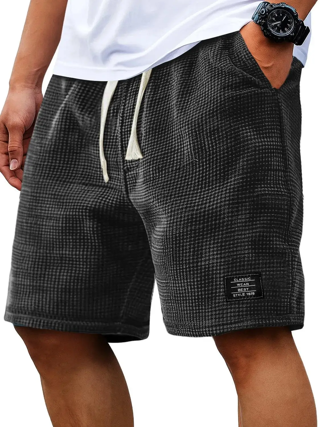 Herren-Shorts, einfarbig, mittlere Taille, Sommer, Waffelstruktur, tiefer Schritt, Kordelzug, lockere, knielange, lässige Shorts – Detail 12