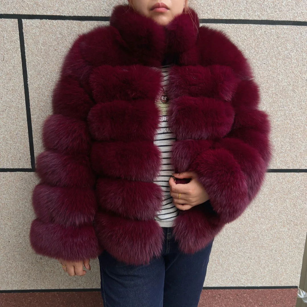 Women's 60cm long sleeved real fox fur jacket with stand up collar, winter fashionable natural fur jacket HUA QIU MEI SI