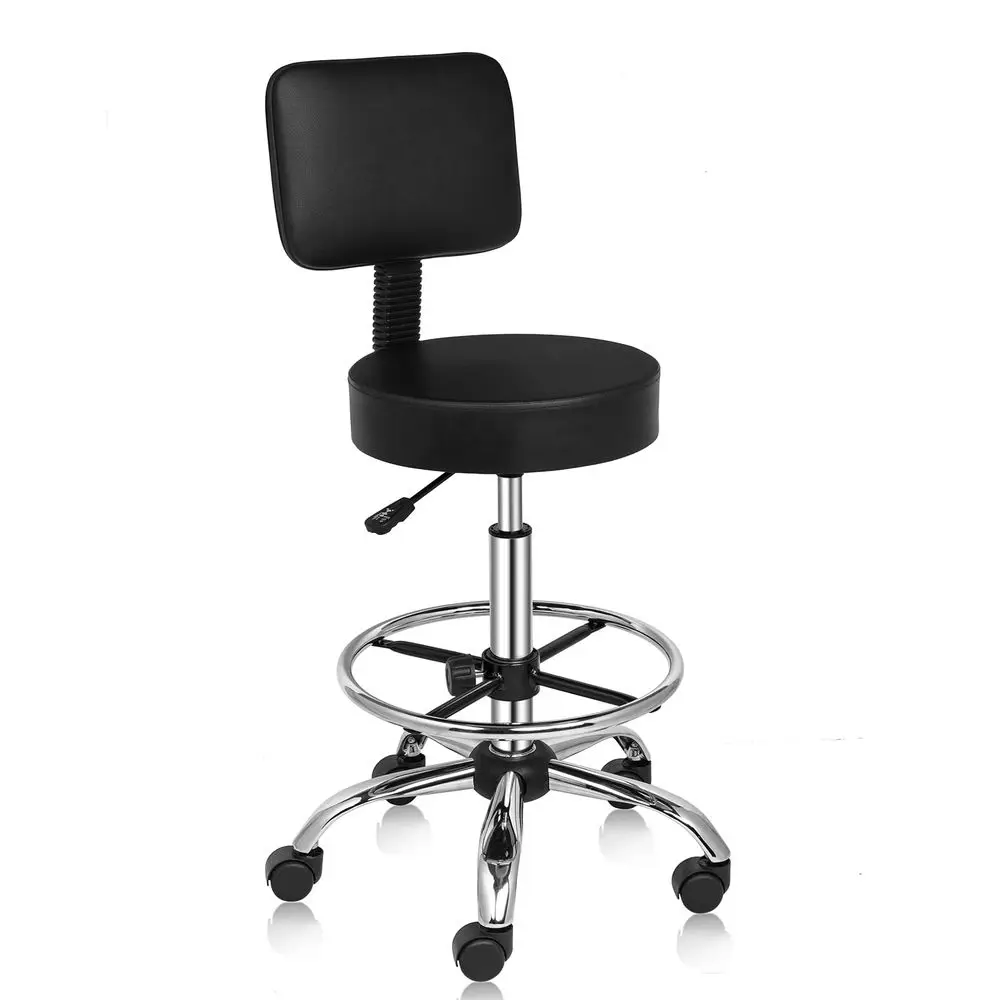 Round Rolling Stool with Wheels Height Adjustable Swivel Stool with Backrest and Footrest for Salon Massage Home Kitchen, Black