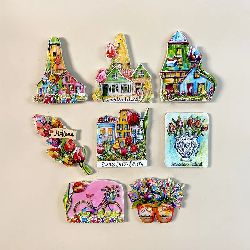 

Dutch Amsterdam Fridge Magnets with Tulips, Houses & Bike - Strong Refrigerator Magnets, Cute Home Decor Items for Room Decor