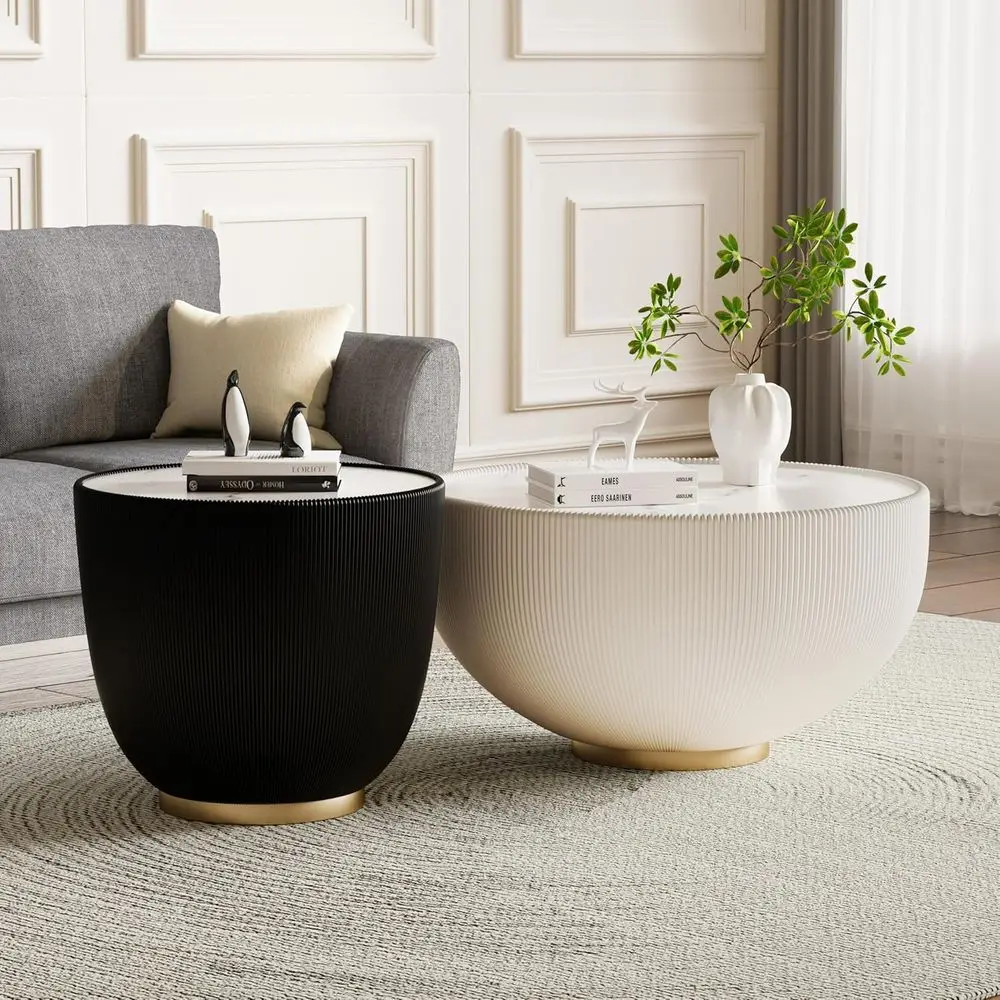 

Round Living Room Coffee Table Set, 27.56 White Drum Style with 19.69 Black Center, 2-Piece Sintered Stone Top, Leatherette and