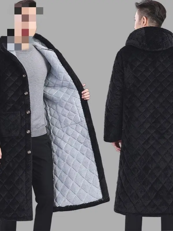 Thickened Three-Layer Long Cotton Jacket with Inner Fleece Loose Men's Outerwear Coat Warm Casual Style Button Closure