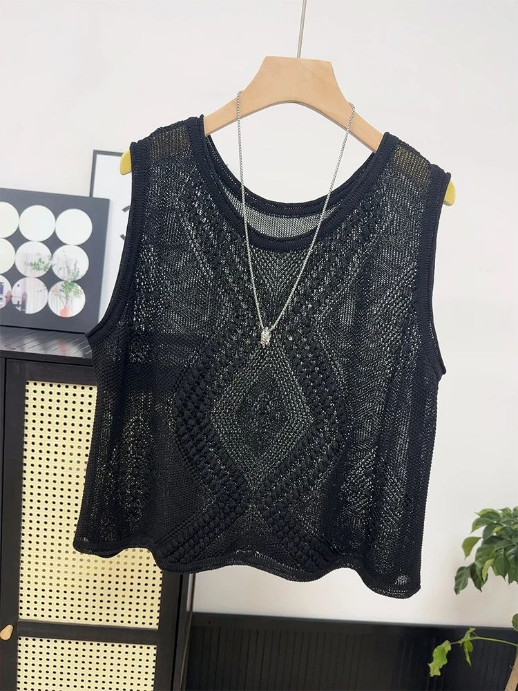 

High Quality Round Neck Hollowed Out Knitted Camisole Vest for Women's New Summer Thin Cut Camisole with Short Tank Top