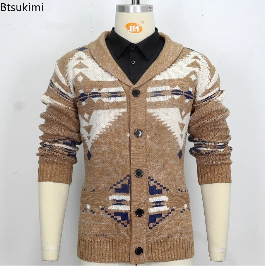 2025 Men's Knitted Sweater Jacket Vintage Jacquard Long Sleeve Turn-Down Collar Sweatercoat Casual Knitwear Cardigan Jacket Men