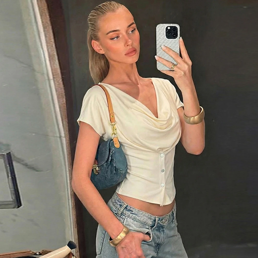 

Talenza Fashion Summer T-Shirt Women's Solid Casual V-Neck Short Sleeve Tops Commuting Pleated Patchwork Streetwear Female Tees