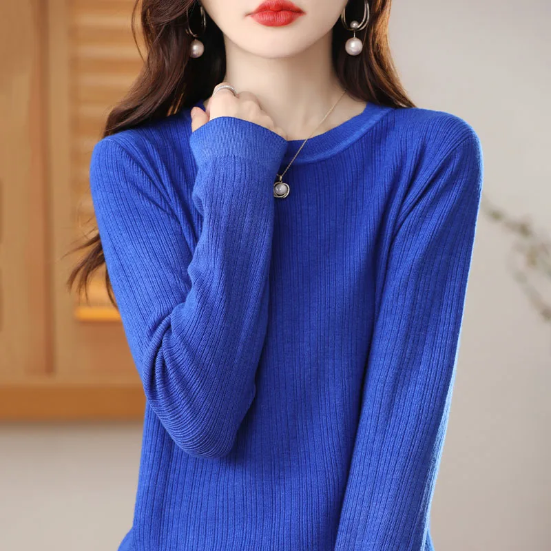 Women Autumn Winter New Wool Blend Sweater O-neck Vertical Stripe Pullover Casual Knitted Loose Tops Female Soft Sweater