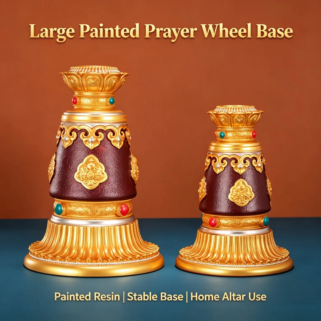 Large Painted Prayer Wheel Base, Eight Auspicious Symbols Resin Stand for Hand Prayer Wheel