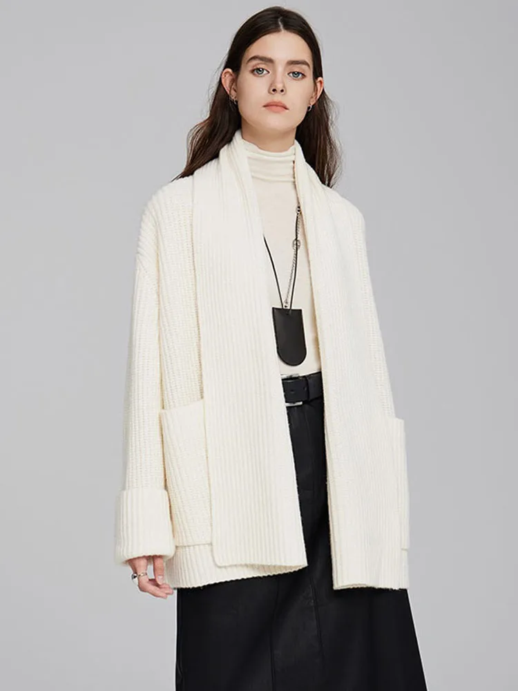

Heavy thick lazy pure cashmere cardigan women's long loose scarf collar knitted sweater coat in autumn and winter.