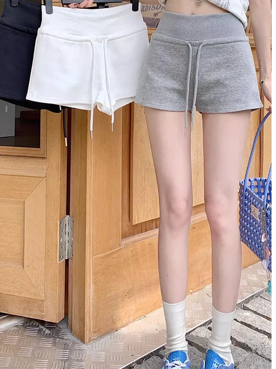 High Waist Drawstring Short Pants Women's Summer White Casual Pants Slimming Grey Sports Pants Straight Leg Trendy Trousers