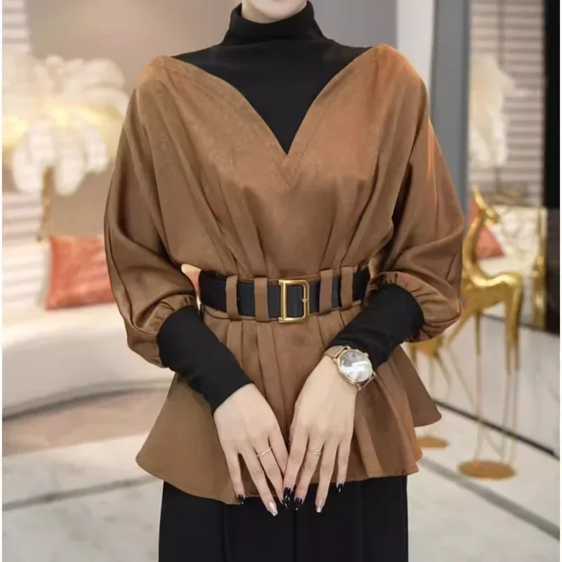 Wearing A High-end Look in Early Autumn A New French Style Light Luxury Shirt with Fake Two Piece Waistband Long Sleeves Shirts