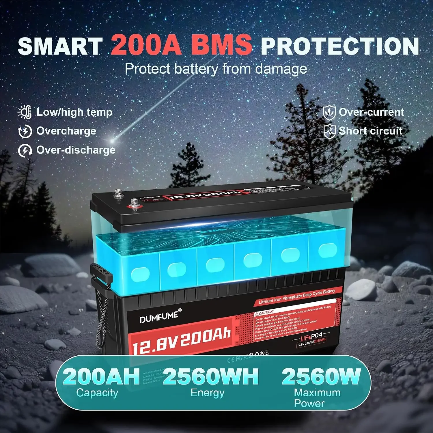 12V 200Ah LiFePO4 Lithium Battery 200A BMS 2560Wh IP65 Low-Temp Cutoff, Customized