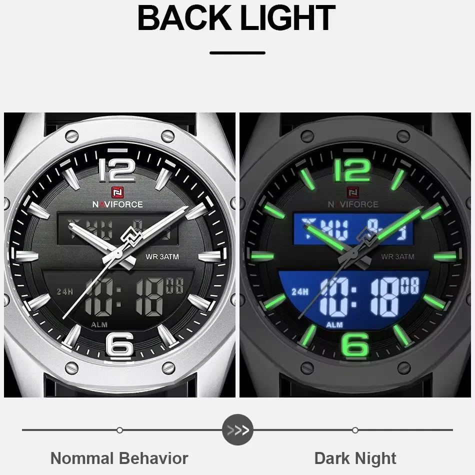 NAVIFORCE Men Quartz LCD Dual Display Watch With Silicone Strap 3ATM Waterproof Shockproof Night Light Round Case Sport Casual