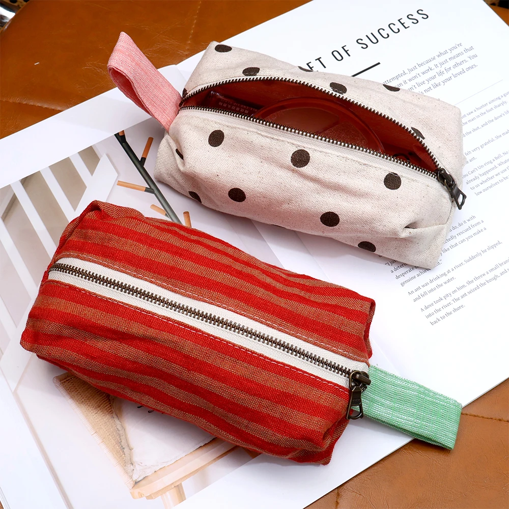 Canvas Zipper Pouch Striped Polka Dot Print Portable Hand Pull Multi Purpose Pencil Case Cosmetic Makeup Bag Travel Toiletry Sta