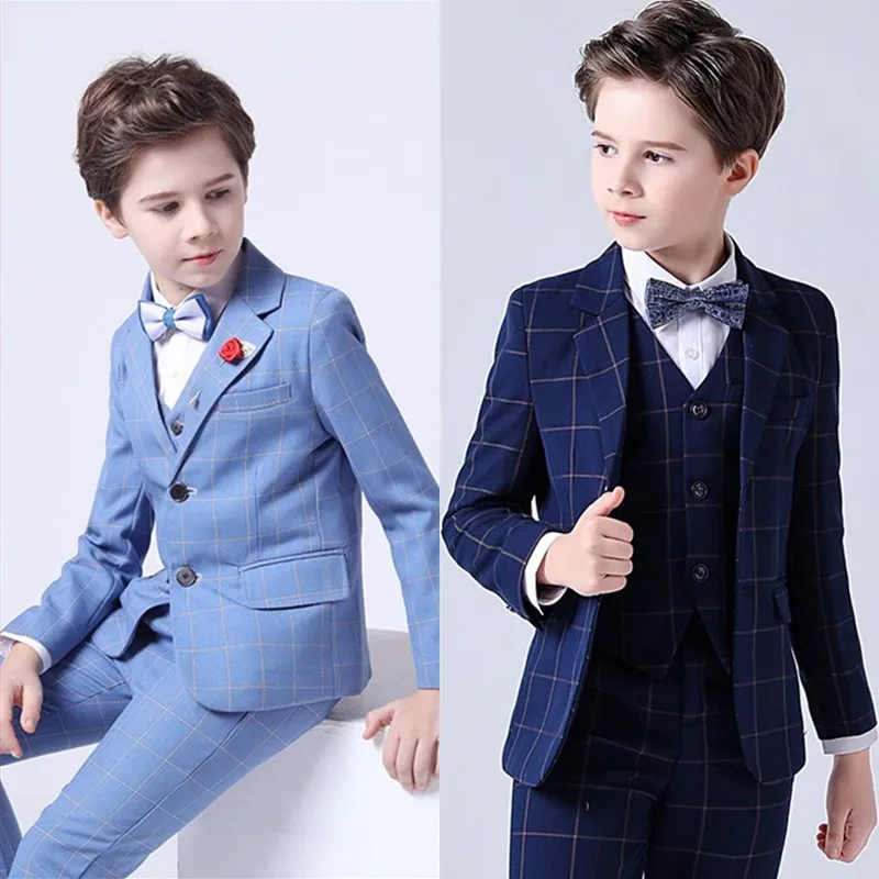 Spring Big Boys Top Quality Plaid Wedding Suit Teenager Kid Formal Tuxedo Bowtie Dress Children Blazer Party Performance Costume